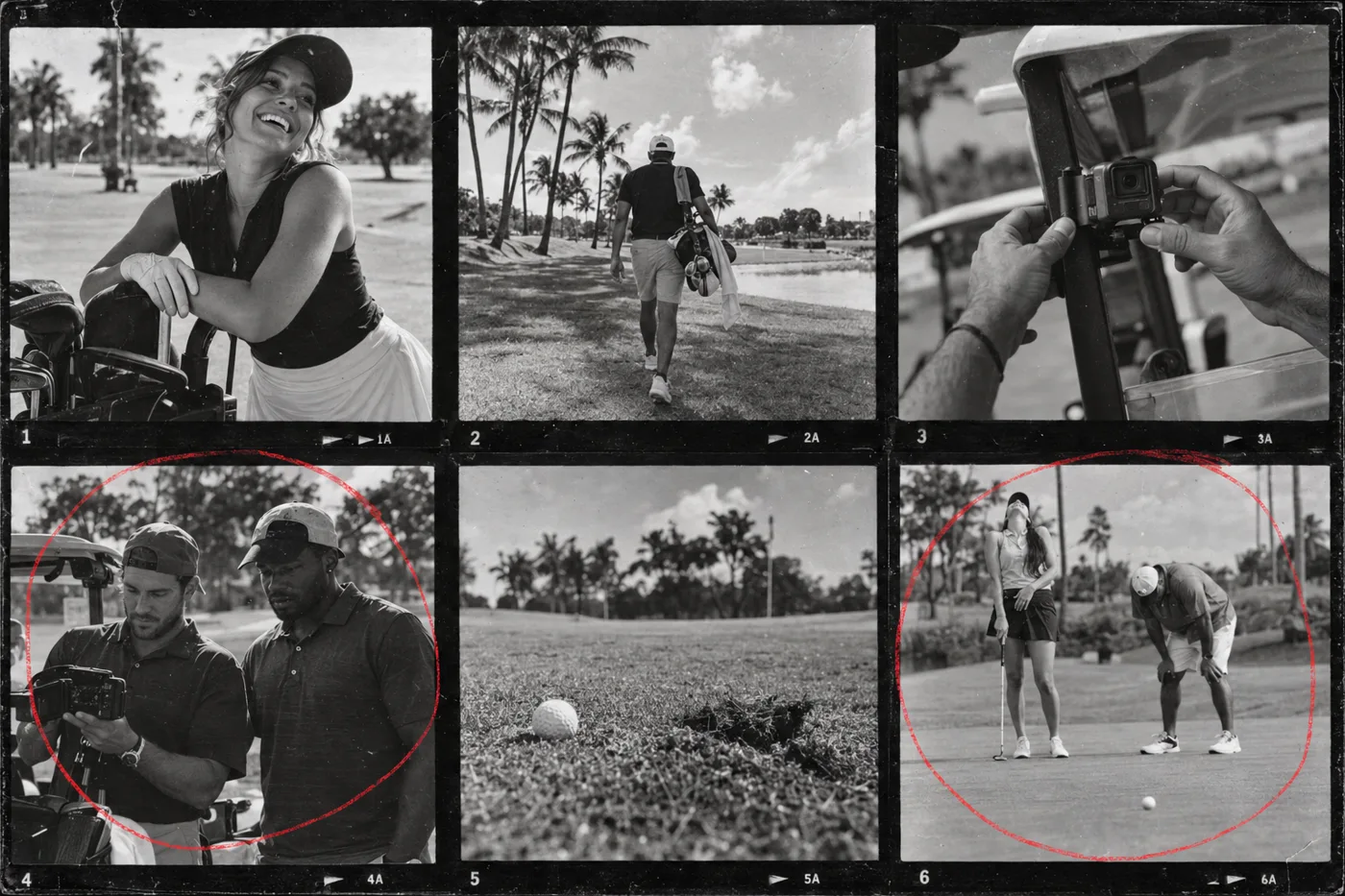 A black and white contact sheet of six frames: a golfer laughing by a bag, a player walking out under palms, an action camera being clamped to a cart, two creators reviewing a shot, a ball at rest in rough, and a putt on the green